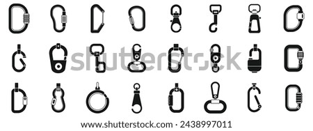 Carbine icons set simple vector. Clip hook climber. Clasp tool metal