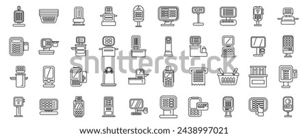 Self service checkout icons set outline vector. Supermarket scan terminal. Shop grocery