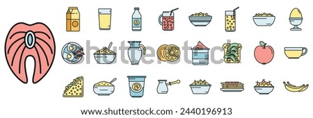 Healthy breakfast icons set outline vector. Protein food. Bread eating thin line color flat isolated