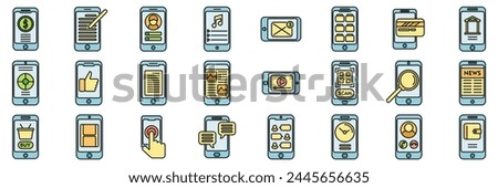 Using smartphone icons set outline vector. App addiction. Audio phone thin line color flat on white