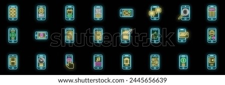 Using smartphone icons set outline vector. App addiction. Audio phone neon color on black