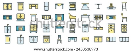 Kitchen furniture icons set outline vector. Apartment comfort. Fridge dinning thin line color flat on white