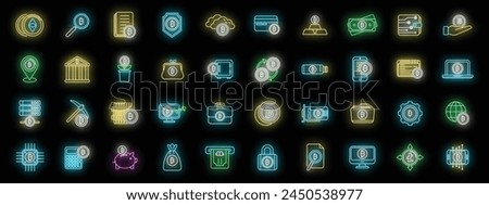 Cryptocurrency icons set outline vector. Blockchain ledger. Miner innovation neon color on black