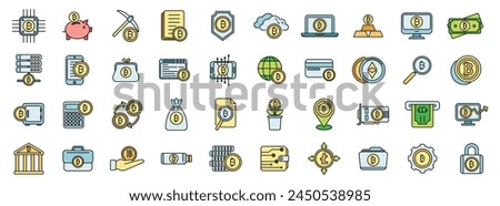 Cryptocurrency icons set outline vector. Blockchain ledger. Miner innovation thin line color flat on white