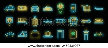 Airport transfer icons set outline vector. Flight lost. Time baggage neon color on black