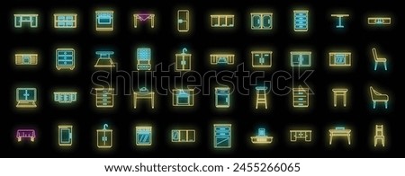 Kitchen furniture icons set outline vector. Apartment comfort. Fridge dinning neon color on black