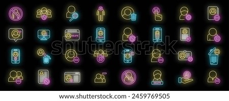 Delete user icons set outline vector. Access avatar. Call add neon color on black