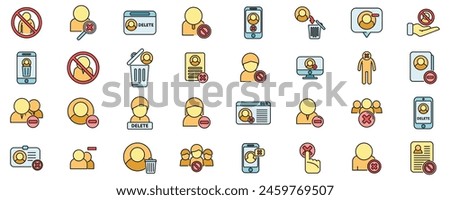 Delete user icons set outline vector. Access avatar. Call add thin line color flat on white