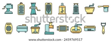 Vegetable cutter icons set outline vector. Chopper appliance. Cooking dicer thin line color flat on white