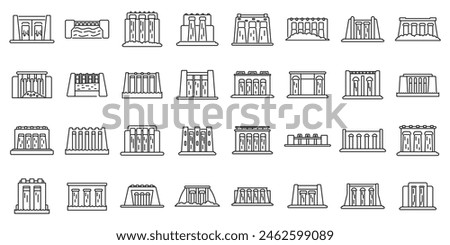 Hydro power station dam outline vector icon. A collection of buildings in various styles and sizes. Some are tall and narrow, while others are short and wide