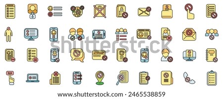 Blacklist icons set outline vector. Person account. Avatar delete thin line color flat on white