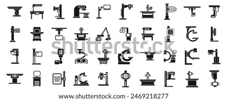 X-ray machine icons set vector. A collection of medical equipment icons. Some of the icons include a CT scanner, MRI machine, and X-ray machine