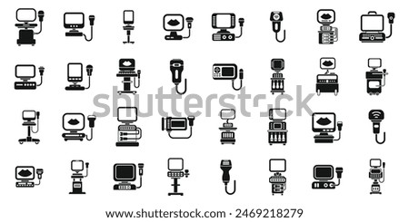 Ultrasound machine icons set vector. A collection of medical equipment icons. Some of the icons include a computer monitor, a keyboard, a mouse, a printer, and a scanner