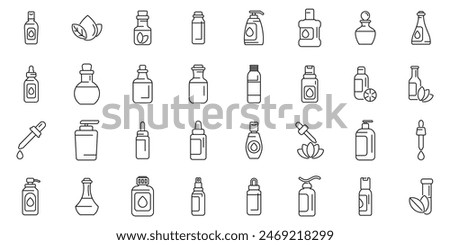 Massage oil icons set vector. A collection of various bottles and containers, including some with labels that say 