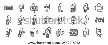 Car diagnostic scanner icons set vector. A collection of electronic devices including a cell phone, a remote control, and a video game controller