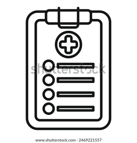 Line art illustration of a medical clipboard with checklists and a plus sign, ideal for healthcare design