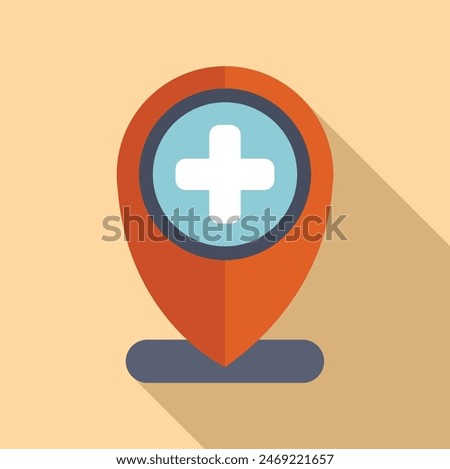 Flat design medical location pin with a white cross, ideal for healthcarerelated maps and apps