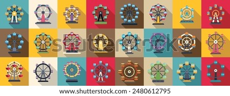 Ferris wheel icons set. Ferris wheel icons showing classic amusement park rides with rotating circular motion for romantic views