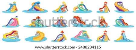 Aquapark icons set. Collection of different colorful water slides, entertainment in aqua park for summer holidays and family rest