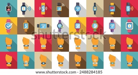 Payment with smart watches icons set. Smart watch icons showing different functions, including time, payment, wifi and fitness tracking