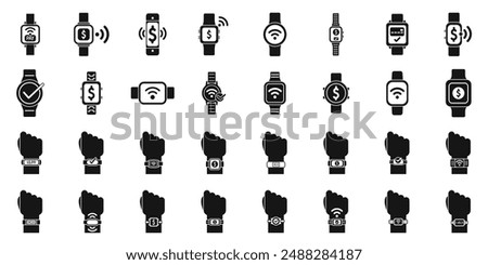 Payment with smart watches icons set. People using smart watches for nfc contactless payment icons set simple style