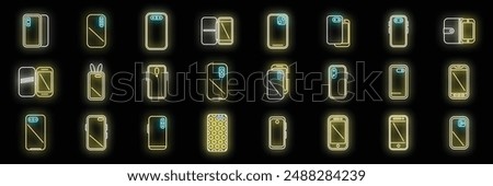 Smartphone case icons set outline vector. Cover case. Glass crash neon color on black