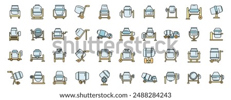 Concrete mixer icons set outline vector. Truck cement. Auto blender thin line color flat on white