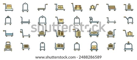 Luggage trolley icons set outline vector. Business bag. Carriage suitcase thin line color flat on white