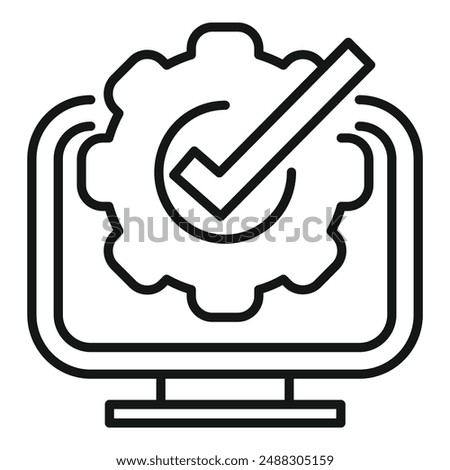 Line art vector icon depicting a computer screen with a quality check symbol