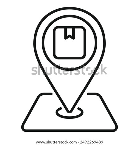 Black and white illustration of a map pin icon with a delivery box symbol