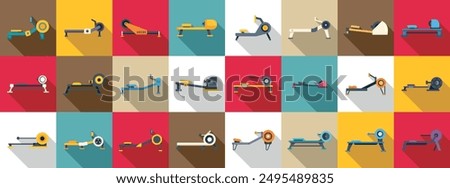 Rowing Machine icons set. Rowing machine icon set in flat style showing different types of cardio workout equipment