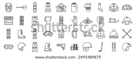 Ski equipment rental icons set. Skiing and snowboarding equipment and accessories for winter sports and activities line icons set