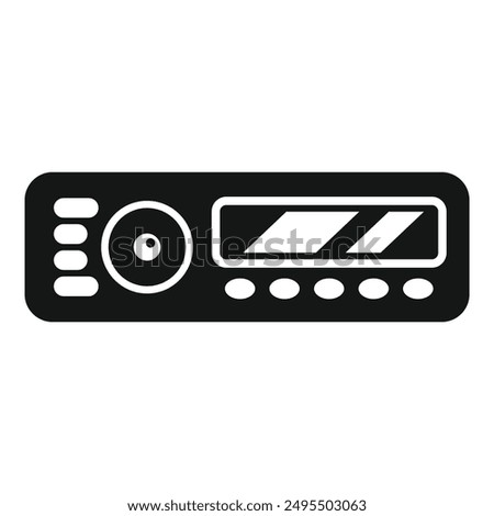 Black and white vector icon of a modern car radio, featuring buttons, a screen, and a speaker, representing in car entertainment and technology