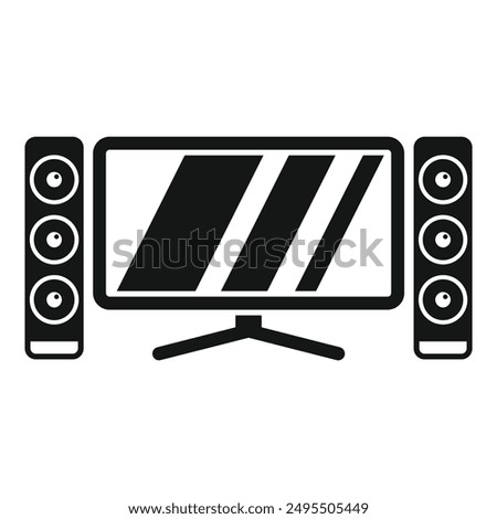 Home cinema system with big screen tv and speakers playing movie, icon in simple style