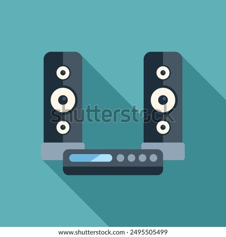 Home cinema system playing music with long shadow on turquoise background