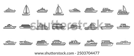 Luxury trip boat icons set. Collection of various types of boats sailing on water, boat icons set