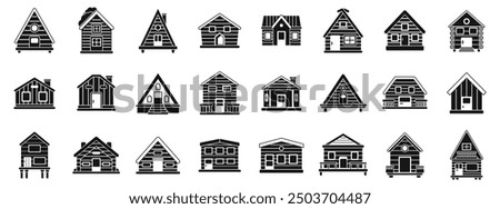 Wooden cabin icons set. This collection of wooden houses shows a variety of architectural styles, perfect for illustrating concepts related to housing, construction, or real estate