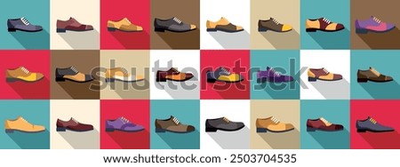 Oxford shoes icons set. Large set of various classic male shoes with long shadow on colorful background