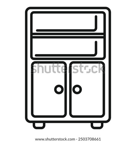 Minimalist vector graphic of a kitchen cabinet with shelves and doors, perfect for representing storage and organization