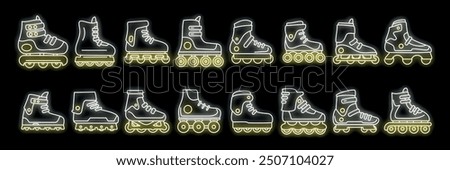 Set of inline skates icons with glowing neon effect on black background