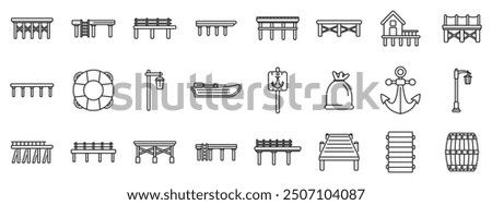 Wooden pier icons set. Set of different piers for fishing and recreation with anchor streetlight boat and lifebuoy icons in thin line style