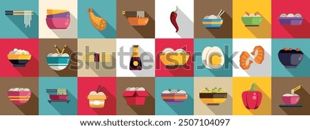 Udon noodles icons set. This vibrant icon set showcases a variety of asian cuisine, perfect for food blogs, menus, or any project related to culinary delights