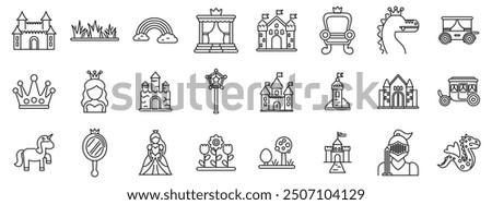 Fairytale princess castle icons set. Line art icon set including various elements of fairy tales, princesses, and medieval times