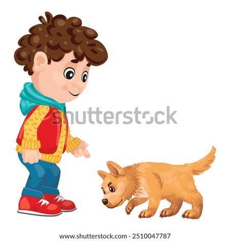 Cartoon boy with brown hair wearing a red vest is pointing at something that his puppy dog seems interested in