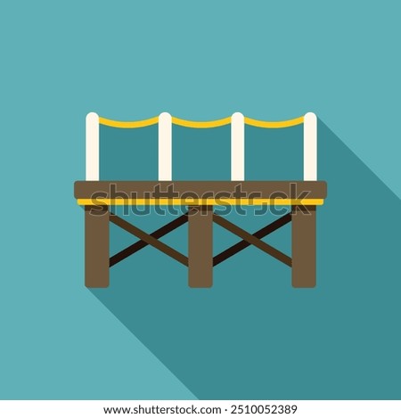 Wooden pier with yellow rope railing extending over blue water in a flat design style with long shadow