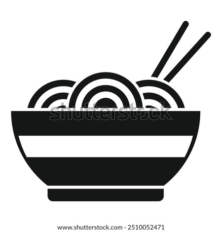 This simple vector icon represents a bowl of noodles with chopsticks, a classic symbol of asian cuisine