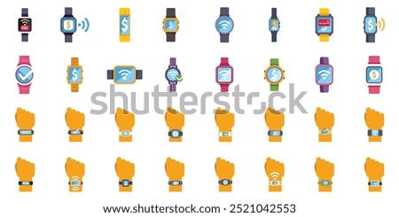 Large set of colorful smart watches are showing different functions such as payment, fitness tracking, and connectivity