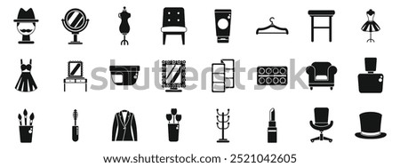 Backstage theater room icons set. Fashion designer studio icons set. Simple set of fashion designer studio vector icons for web design isolated on white background