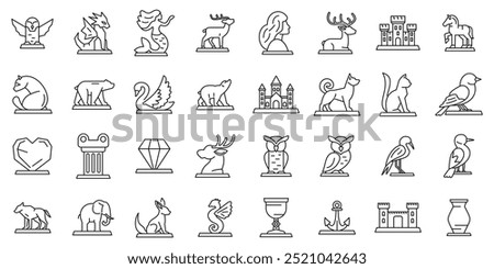 Ice sculpture icons set. Set of simple black and white heraldry statues line icons showing different animals, objects and mythical creatures on pedestals