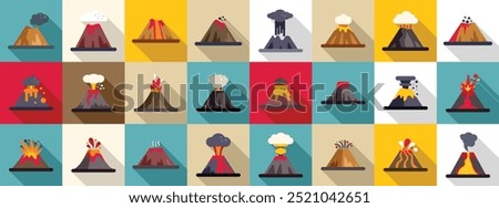 Volcano explosion icons set. This is a collection of various illustrations of volcanoes in different states of eruption